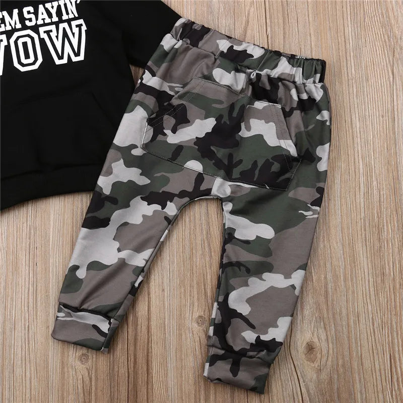 1-6t Boys Clothes Set Black Letter Boys Hooded Boys Hoodies Tops Camouflage