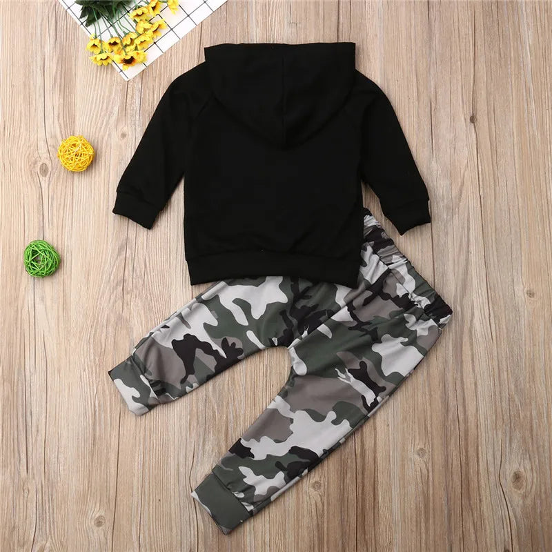 1-6t Boys Clothes Set Black Letter Boys Hooded Boys Hoodies Tops Camouflage