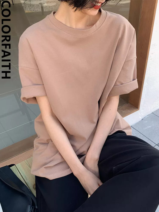 Khaki Mid Sleeve Loose Bottoming Solid Female Basic Thick Tops T6789