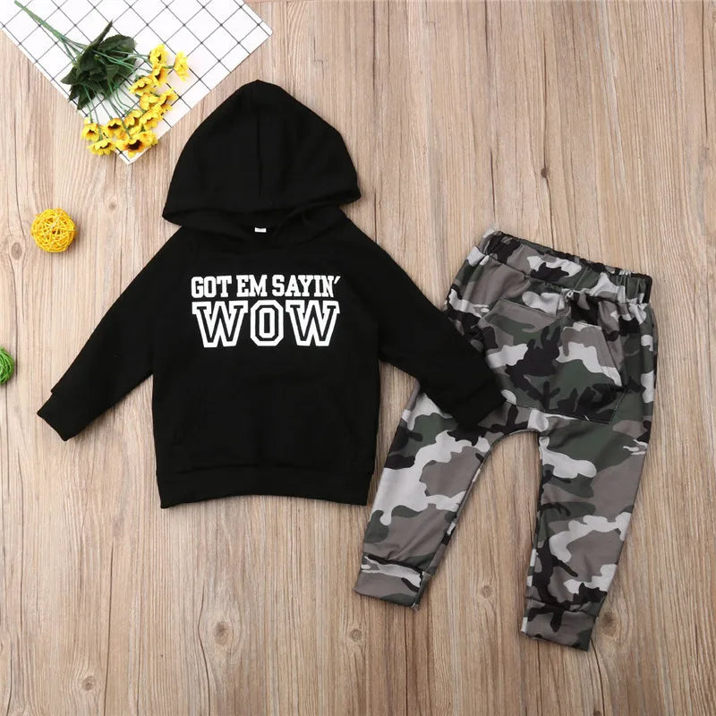 1-6t Boys Clothes Set Black Letter Boys Hooded Boys Hoodies Tops Camouflage